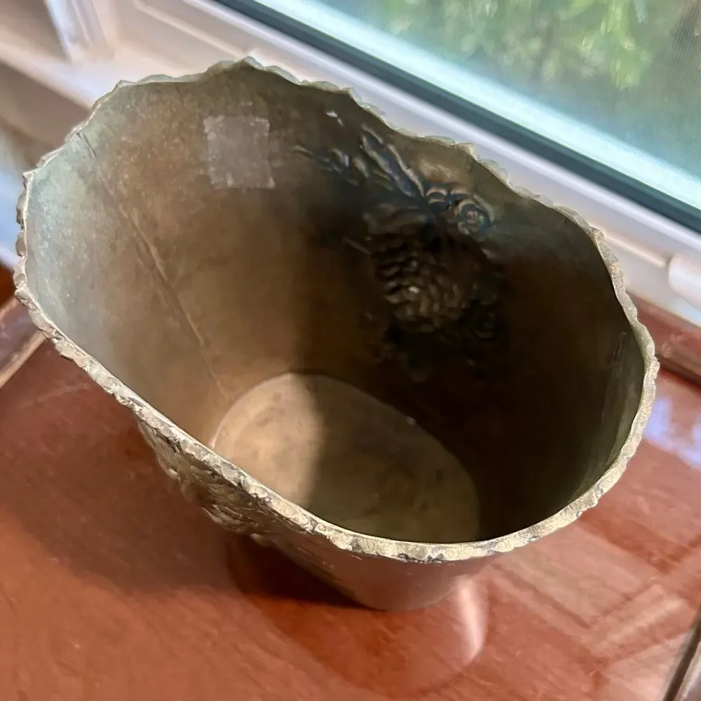 Vintage Bronze Tone Metal Raised Relief Floral Grapes Basket Bucket Flower Bin